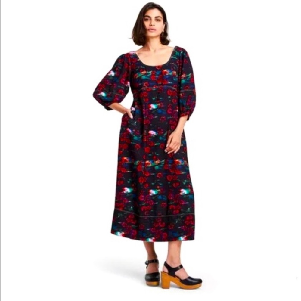 Rachel Comey Black Floral Midi Dress with Red and Teal Accents